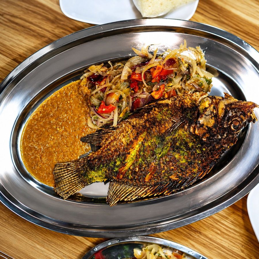 Poisson braisé entier, servi avec oignons, tomates et sauce